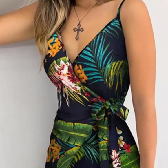 Tropical Print V Neck Wrap Casual Dress for Summer - Picture 3 of 3